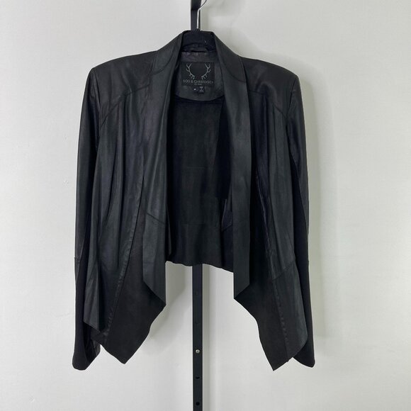 Bod & Christensen Women's Black Draped Collar Leather Snap Sleeve Jacket Size M - Picture 1 of 14